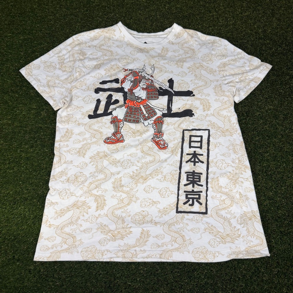 Original Gravity Samurai Dragon Graphic Tee White Gold Mens L Streetwear Shirt